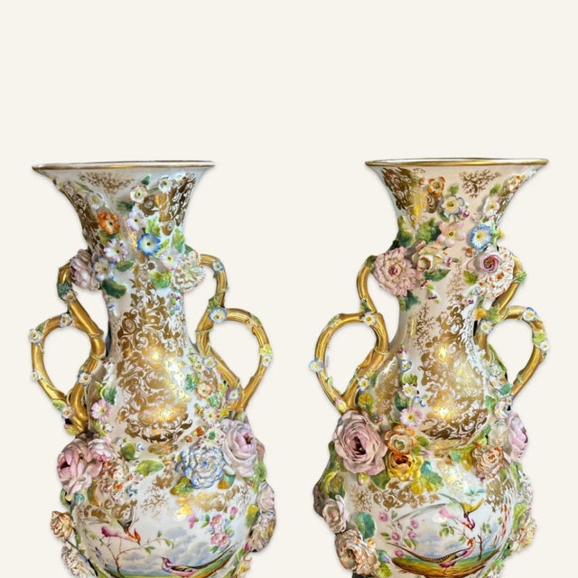 English Pair of Mid 19th Century Rockingham Porcelain Vases With Applied Floral Decoration and Gilt Accents For Sale - Image 3 of 8