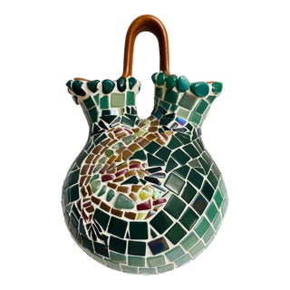 2000s Glass Mosaic Art on Southwestern Pottery Wedding Vase Lizard and River For Sale