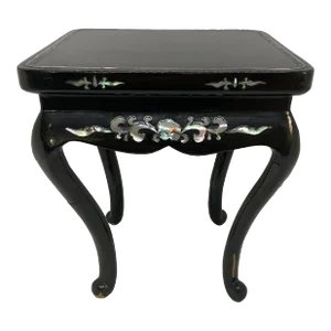 Mid 20th Century Asian Black Lacquer Wood Four Leg Plant Vase Stand Table With Mother of Pearl Inlay Design