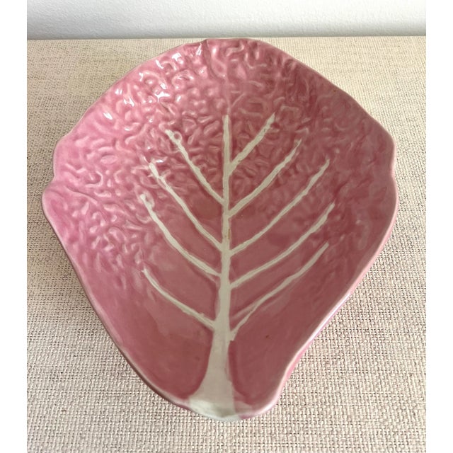 Pink Vintage Pink Cabbage Leaf Majolica Serving Bowl For Sale - Image 8 of 8