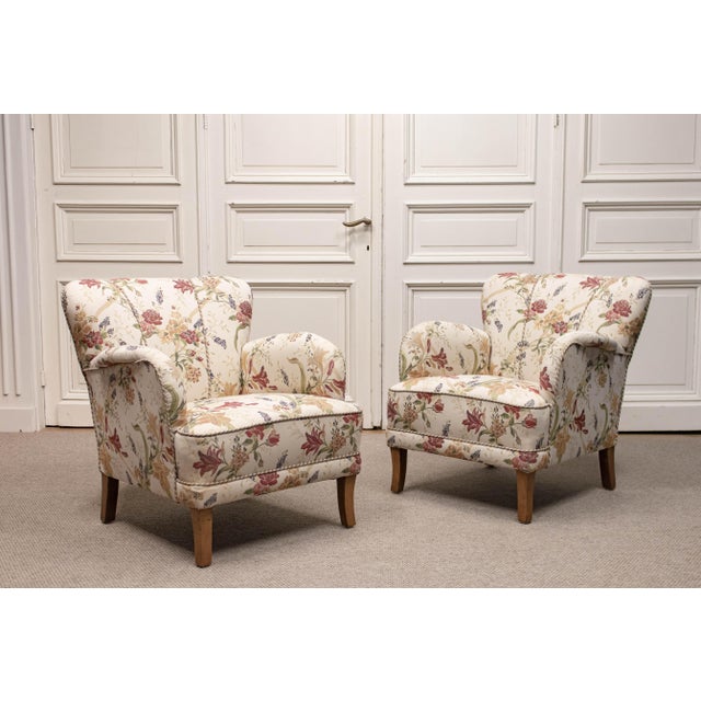 Art Nouveau Swedish Grace Lounge Chairs in Floral Jacquard, 1940s, Set of 2 For Sale - Image 14 of 16