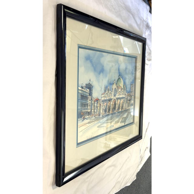 Signed and Framed Original Watercolor Painting of 'The Piazza at San Marco Square' For Sale - Image 13 of 18