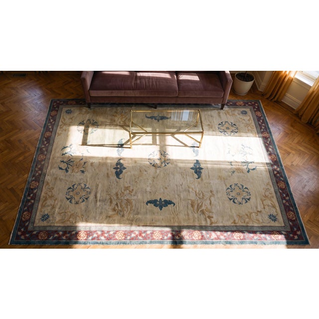 Ivory 1900s Foliate Medallion Antique Indian Amritsar Rug Hand Knotted 8' 10"x 12' Wool Carpet For Sale - Image 8 of 9
