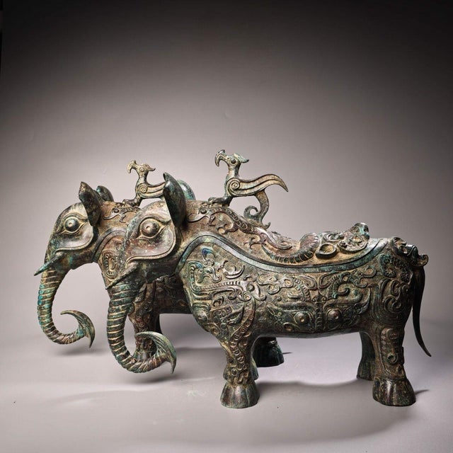 Traditional Late 20th Century Pair of Archaic Style Bronze Elephant-Form Vessels With Bird Finials For Sale - Image 3 of 10