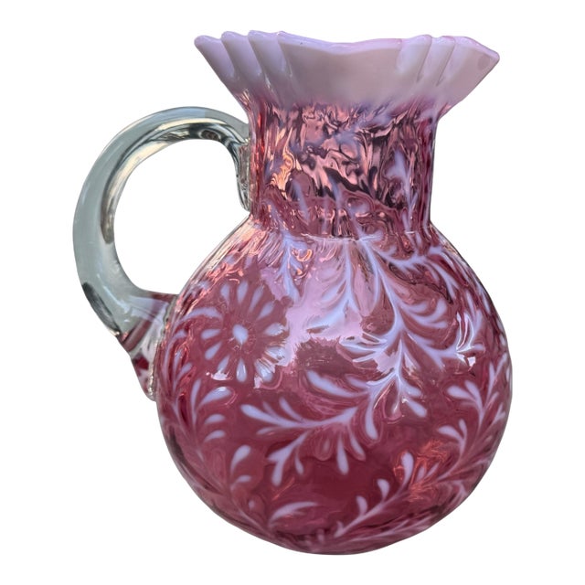 Antique Victorian Cranberry Opalescent Floral Decorated Art Glass Water Pitcher For Sale