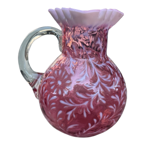 Antique Victorian Cranberry Opalescent Floral Decorated Art Glass Water Pitcher