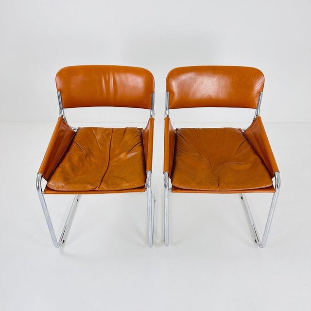 Italian Cognac Leather and Chrome Tubular Sling Chair, 1970s For Sale - Image 5 of 11