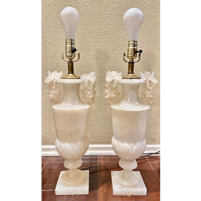 1920s Large Pair of Hand-Carved French Alabaster Neoclassical Urn Table Lamps For Sale In San Diego - Image 6 of 18