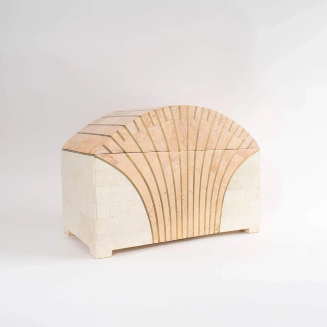 Vintage Maitland Smith jewelry box handcrafted from tessellated stones in warm tan and blush hues. The lid features a...