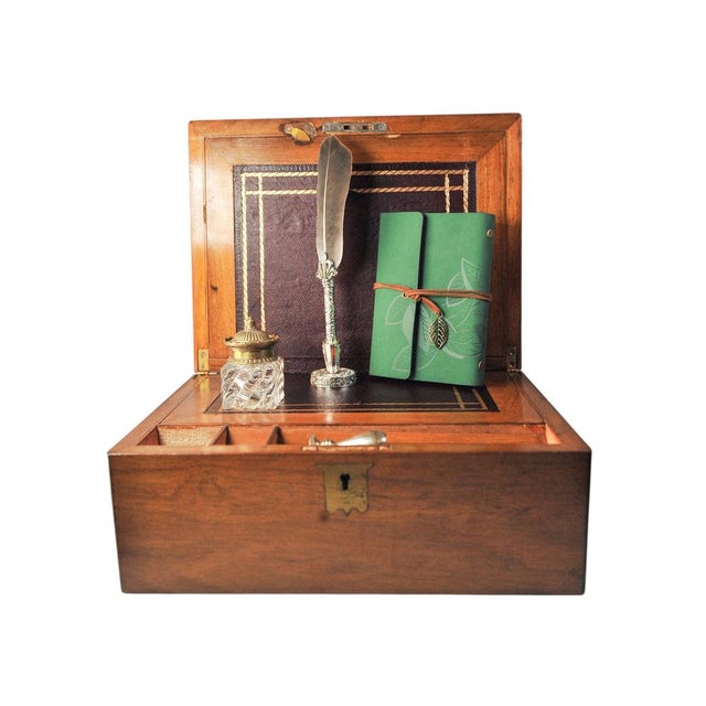 Victorian Military Campaign Burr Walnut Writing Slope Tooled Leather Skiver, Set of 4 For Sale - Image 5 of 15