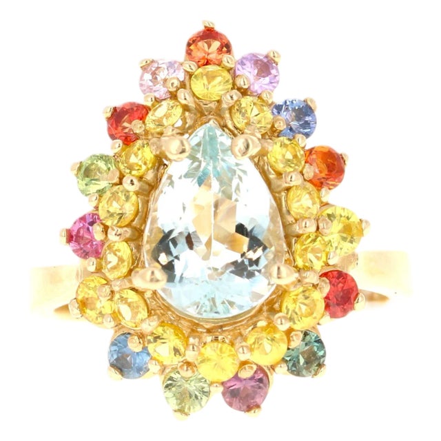 3.35 Ct Aquamarine, Sapphire 14 Karat Yellow Gold Cocktail Ring, Size 7 For Sale