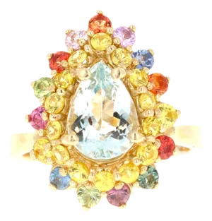 3.35 Ct Aquamarine, Sapphire 14 Karat Yellow Gold Cocktail Ring, Size 7