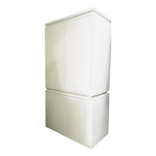 Late 20th Century Contemporary White Painted Raffia-Clad Storage Cabinet Armoire With Adjustable Shelving & Hidden Drawers For Sale