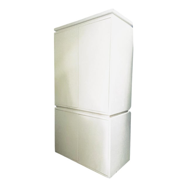 Late 20th Century Contemporary White Painted Raffia-Clad Storage Cabinet Armoire With Adjustable Shelving & Hidden Drawers For Sale