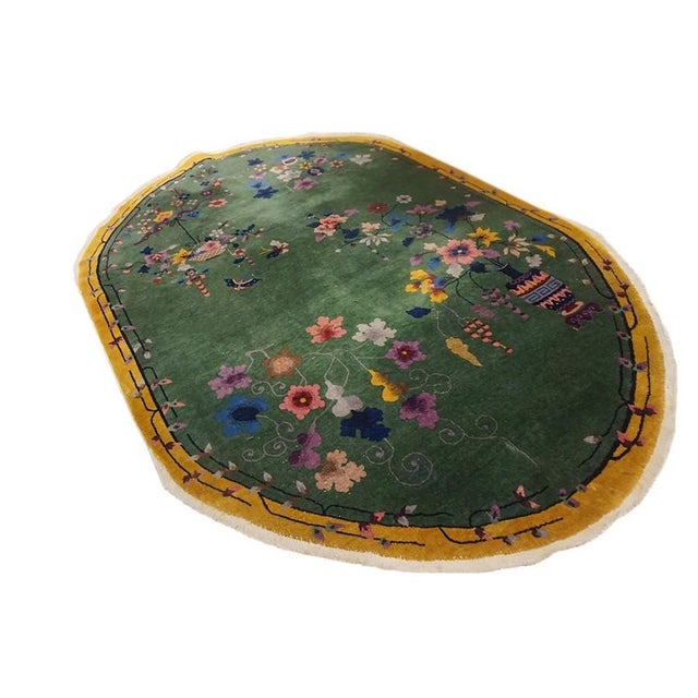Art Deco 1930s Antique Small Floral Green Chinese Art Deco Wool Hand Knotted Oval Rug For Sale - Image 3 of 6
