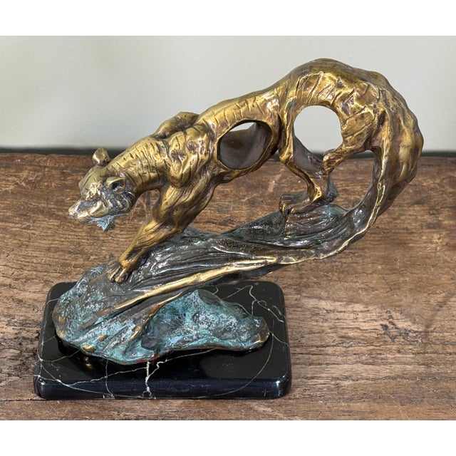 Vintage Art Deco Style Bronze Tiger Sculpture on Marble Base For Sale - Image 4 of 11