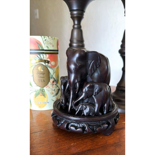 Ebony Vintage Hand Carved Elephant Family MCM Dark Wood on Pedastal For Sale - Image 8 of 11