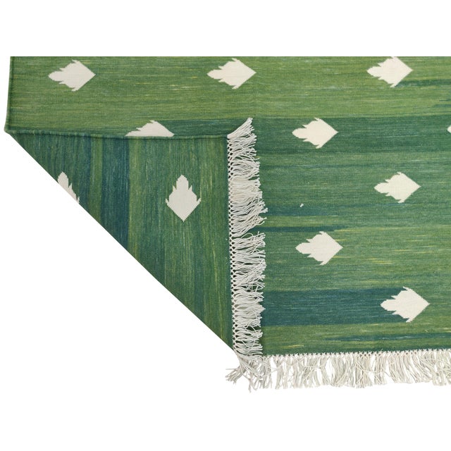 Textile Handmade Cotton Fleur Rug, Forest Green and White Dhurrie - 14'x16' For Sale - Image 7 of 16