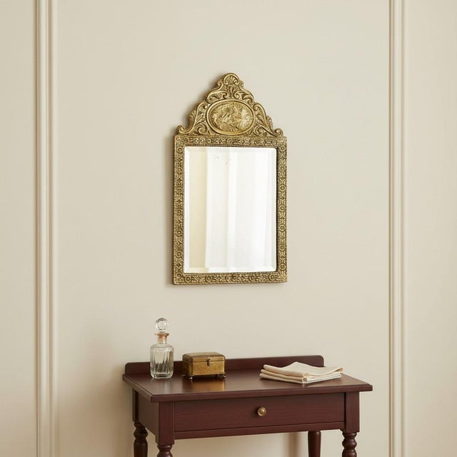19th Century Antique 19th C Dutch Repousse Brass Beveled Glass Wall Mirror-Victorian-Gold For Sale - Image 5 of 11
