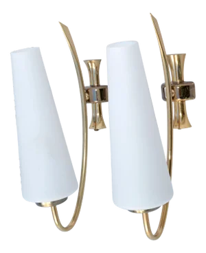 Maison Lunel Sconce 2 Tone Brass & Opaline Shade France Mid-Century Modern, Pair