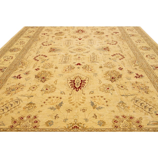 Modern Modern Beige Peshawar Handmade Palmettes Pattern Oversize Wool Rug For Sale - Image 3 of 9