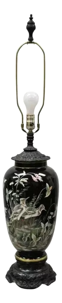 Early 20th Century Chinese Chinoiserie Porcelain Ceramic Black Jardiniere Bird Painted Table Lamp