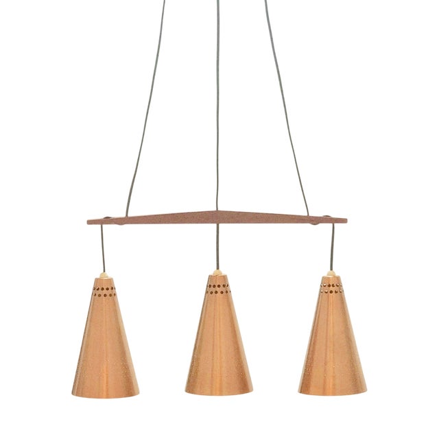 Mid-Century Modern Scandinavian Copper and Teak Triple Pendant Light by Hans-Agne Jakobsson, 1950s For Sale