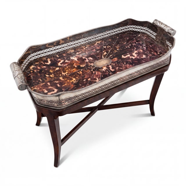 Wood Victorian English Sheffield Harris & Land Silverplate & Faux Tortoise Tray Table, c.1863 For Sale - Image 7 of 13