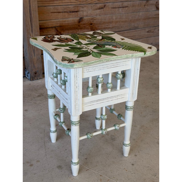 Mid 20th Century Vintage Custom Painted Tropical Decoupage Spindle Side Table For Sale - Image 5 of 12