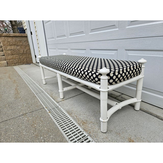 White and Black Rattan Bamboo and Reed Upholstered Bench For Sale - Image 9 of 18