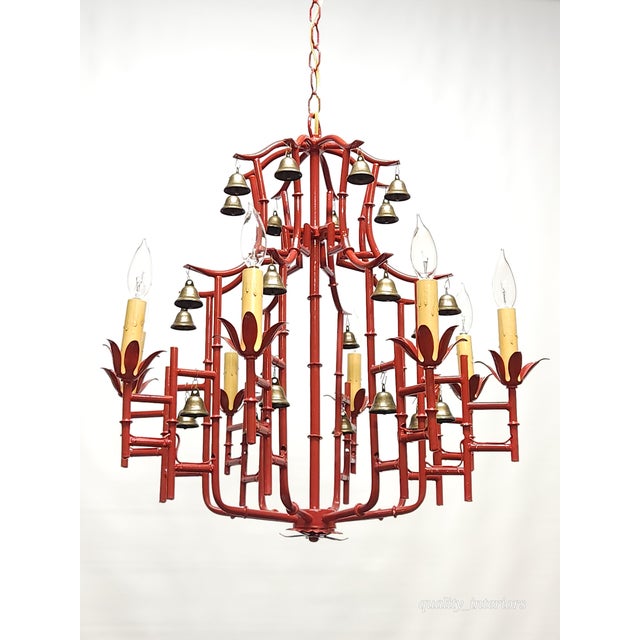 Mid-Century Modern Massive Vintage Italian Tole Red Faux Bamboo Birdcage Chandelier With Bells ~ Rewired ~ Restored ~ Rejuvenated ~ Ready to Hang ~ For Sale - Image 3 of 12