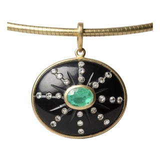 Sol Pendant, Black Onyx With Emerald, Diamonds & 14k Gold For Sale