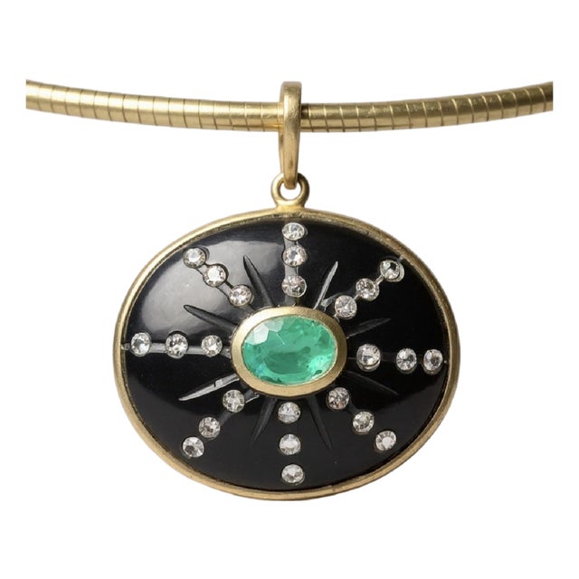 Sol Pendant, Black Onyx With Emerald, Diamonds & 14k Gold For Sale