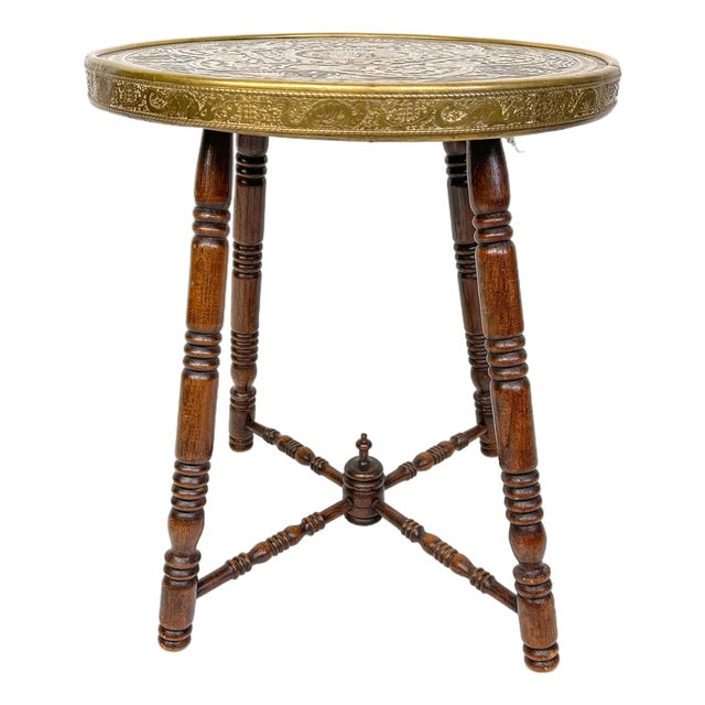 Antique Brass Tray Table with Turned Wood Legs, 1890s For Sale