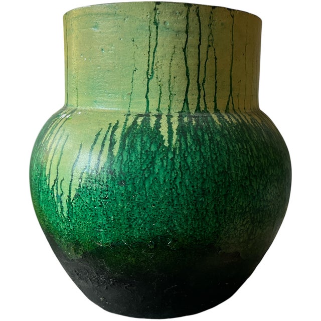 Contemporary 1970s Hand-Painted Green and Chartreuse Organic Moderns Earthenware Vase For Sale - Image 3 of 8
