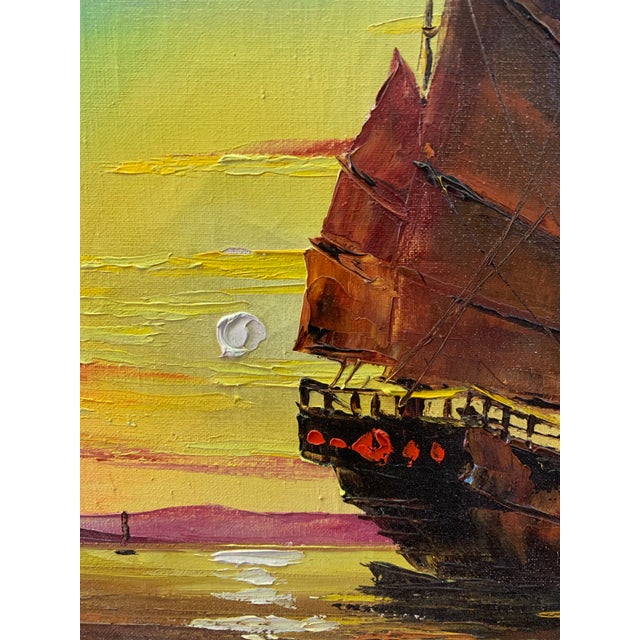 Vintage Tom Wong Original Oil on Canvas, Ship at Sea For Sale - Image 4 of 12