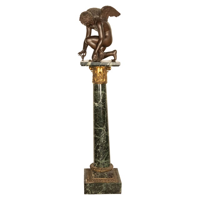 Monumental Antique French Bronze Sculpture Statue Cupid & Marble Ormolu Pedestal by Antoine-Denis Chaudet, 1870 - Set of 2 For Sale - Image 4 of 18