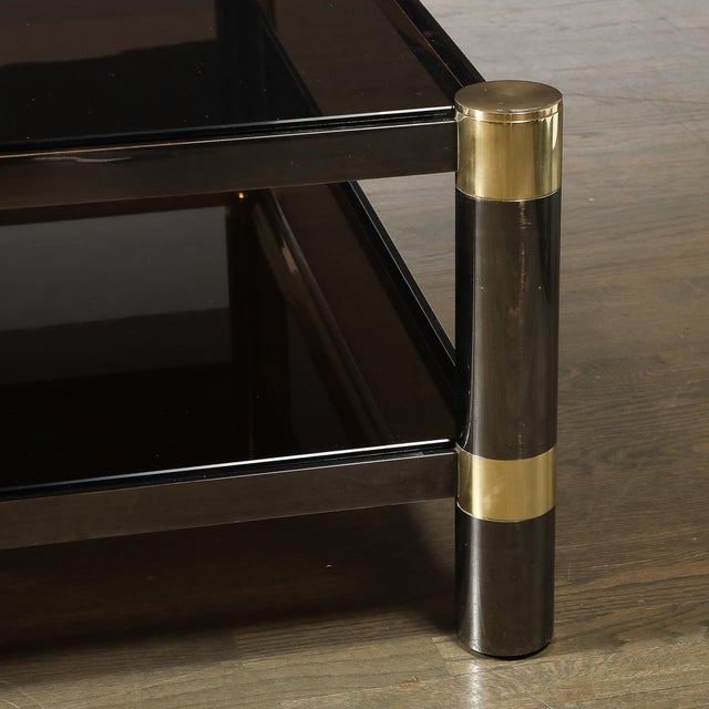 Mid-Century Signed Karl Springer 2-Tier Gunmetal & Brass Cocktail Table For Sale - Image 12 of 13