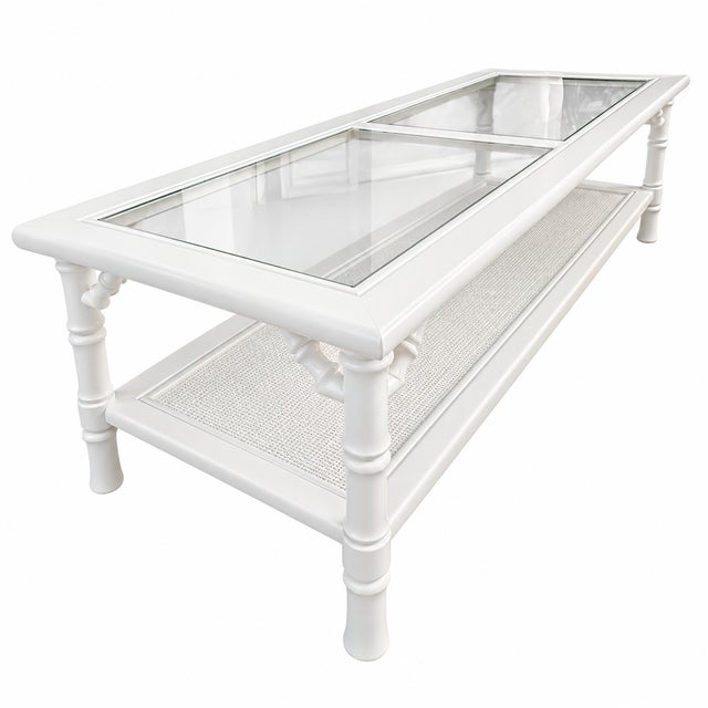 Mid 20th Century Vintage Faux Bamboo Glass Top Coffee Table in Super White Satin For Sale - Image 5 of 12