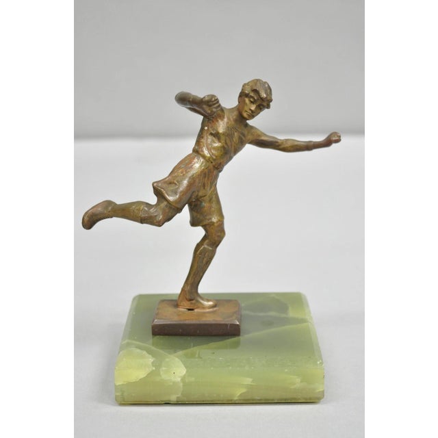 Art Deco Early 20th Century Antique Art Deco Small 6" Bronze Onyx Base Soccer Futbol Player Sculpture Figure For Sale - Image 3 of 11