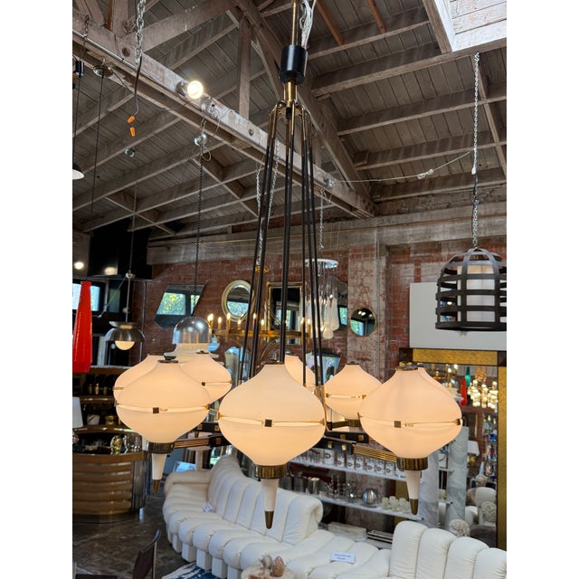Black Stilnovo Opaline Glass Chandelier With Brass & Black Accents 1950's For Sale - Image 8 of 8