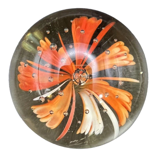 Mid-Century Orange & White Flower Bullicante Paperweight For Sale