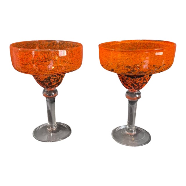 Late 20th Century Pair of Hand Blown Art Glass Orange Margarita Glasses For Sale