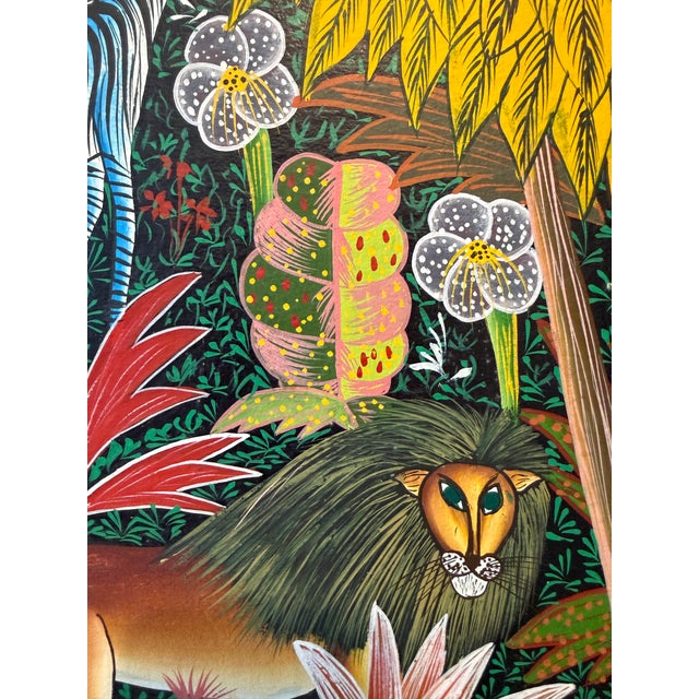 Green Haitian Folk Art Jungle Scene Painting For Sale - Image 8 of 9