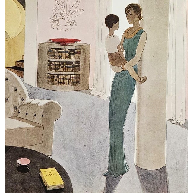 Art Deco 1934 French Art Deco Lithograph-Woman at Home With Child For Sale - Image 3 of 3