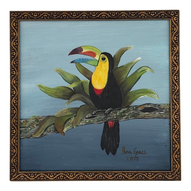 Original Toucan Painting on Canvas Tropical Bird Gilt Frame For Sale