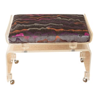 Lucite Vanity Bench With Upholstered Colorful Cushion on Chrome Wheels Vintage For Sale