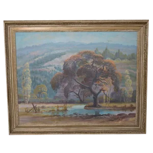 Mid 20th Century Vintage Landscape Trees & Mountains Oil Painting by Everett H. Sloan