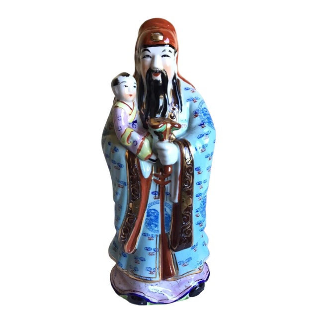 Blue Vintage Mid 20th Century Chinese God of Happiness and Prosperity Hand Painted Porcelain Figurine For Sale - Image 8 of 8