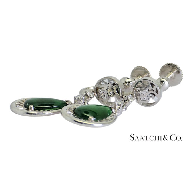 Contemporary Mid 20th Century 14k (585) White Gold - Natural Jade Pearl Shape & Diamond: Earrings, 5.3 Grams, Set of 2 For Sale - Image 3 of 4